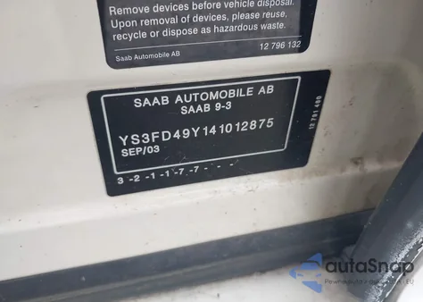 2004 Saab 9-3 Arc из США, поврежденный, VIN YS3FD49Y141012875